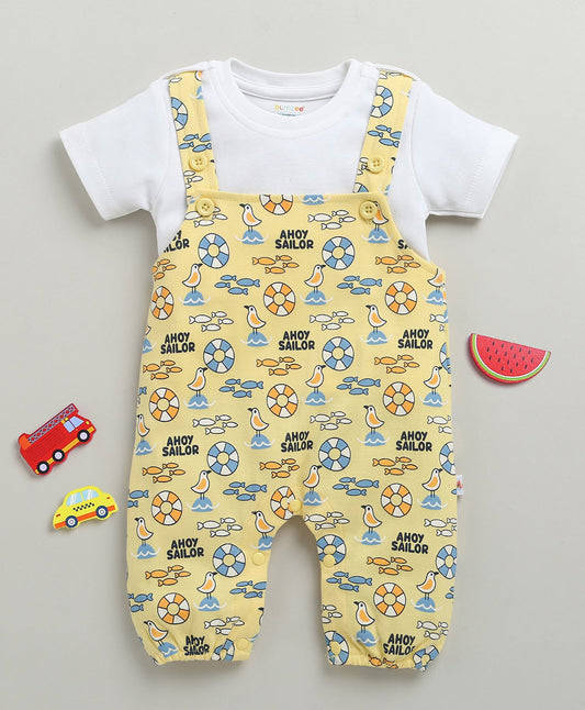 SS-BMZ-39500 / Yellow & White Baby Boys Half Sleeves Dungaree Set
