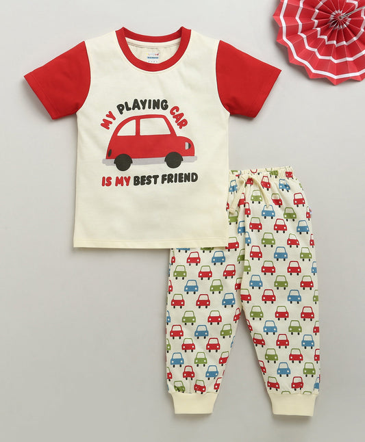 SS-BMZ-40000 / Cream Boys Half Sleeves Cotton T-Shirt & Pyjama Set