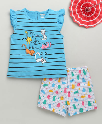 SS-BMZ-37900 / Blue & White Girls Cap Sleeves T-Shirt & Short Set