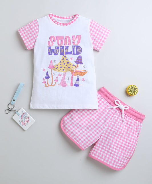 SS-BMZ-9600 / White & Pink Girls Half Sleeves T-Shirt & Short Set