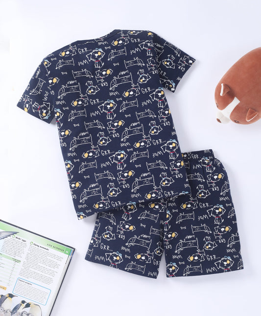 SS-FKS-7200 / Black Kids Premium Cotton Half Sleeves Puppy Print Tshirt & Shorts Set