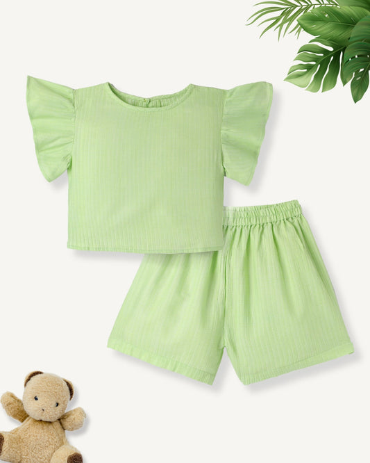 SS-FKS-4800 / Green Girls Premium Cotton Flutter Sleeves Solid Top & Shorts Co-ord Set