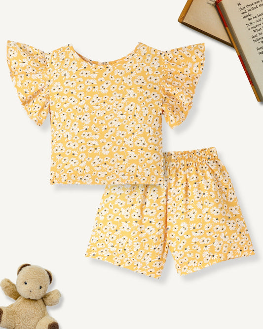 SS-FKS-4900 / Yellow Girls Premium Cotton Floral Printed Top & Shorts Co-ord Set