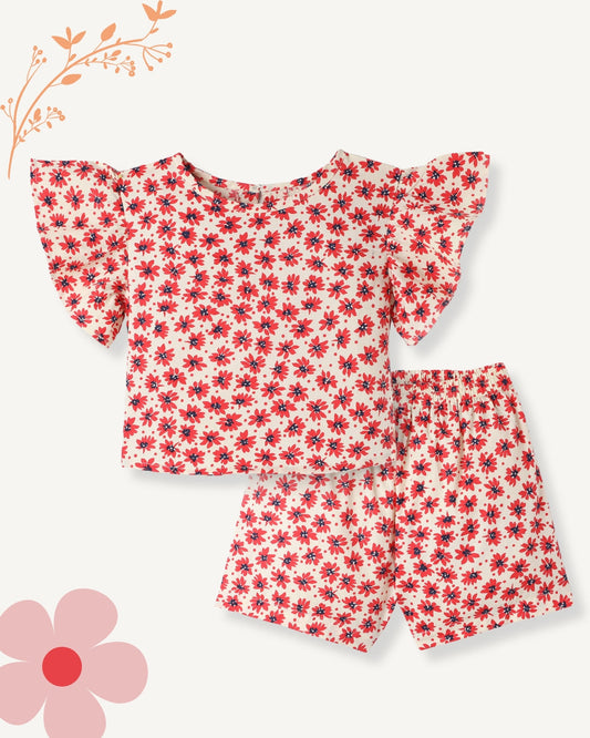 SS-FKS-5000 / Red Girls Premium Cotton Floral Printed Top & Shorts Co-ord Set