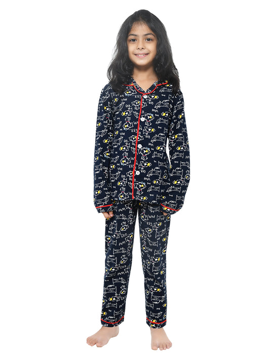 SS-FKS-16800 / Black Premium Cotton Full Sleeves Puppy Printed T-Shirt & Pyjama Set