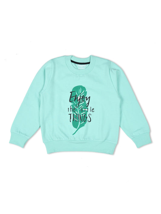 SS-FKS-16100 / Turquoise Green Boys & Girls Cotton Fleece Typographic Printed Hooded Sweatshirt